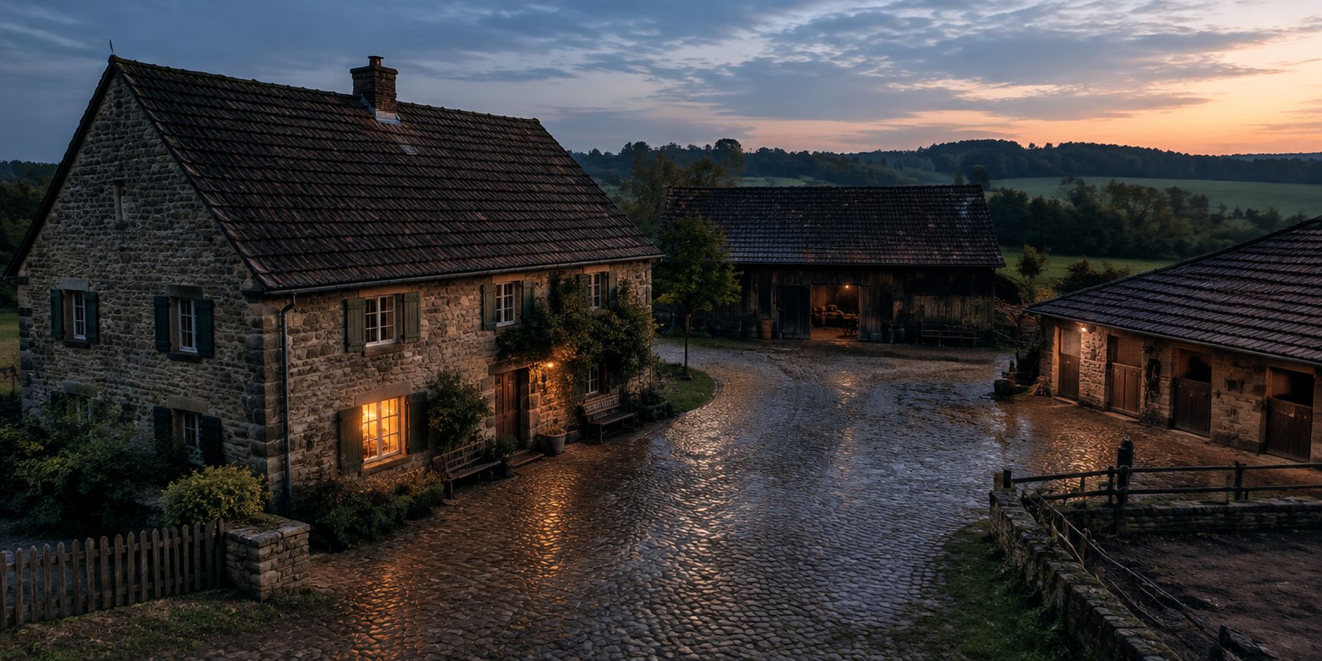 Hof am späten Abend, im Wohnhaus brennt noch Licht