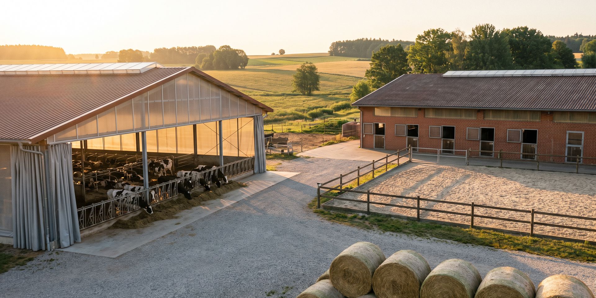 Hof am Morgen: Milchviehstall, Pferdestall und Reitplatz nebeneinander