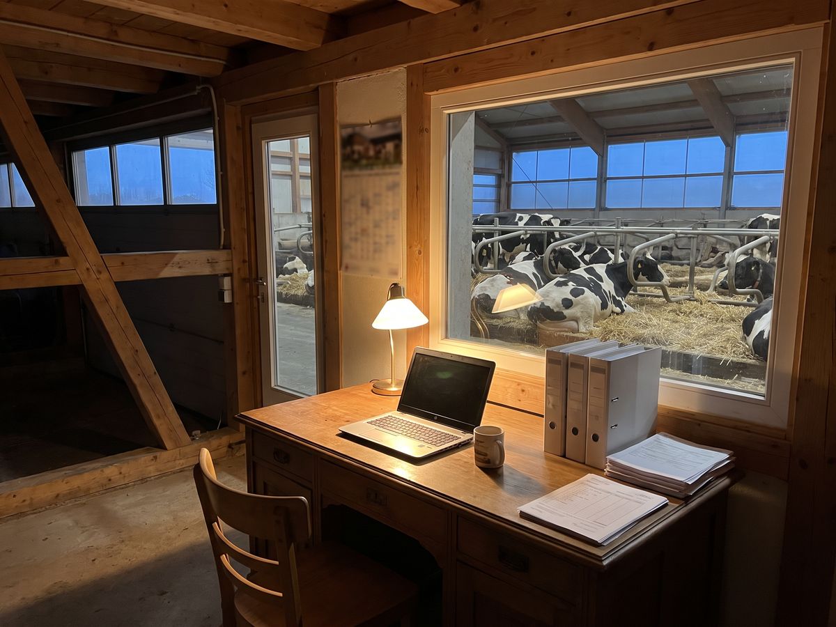 Hofbüro mit Blick in den Laufstall, Kühe liegen in den Boxen