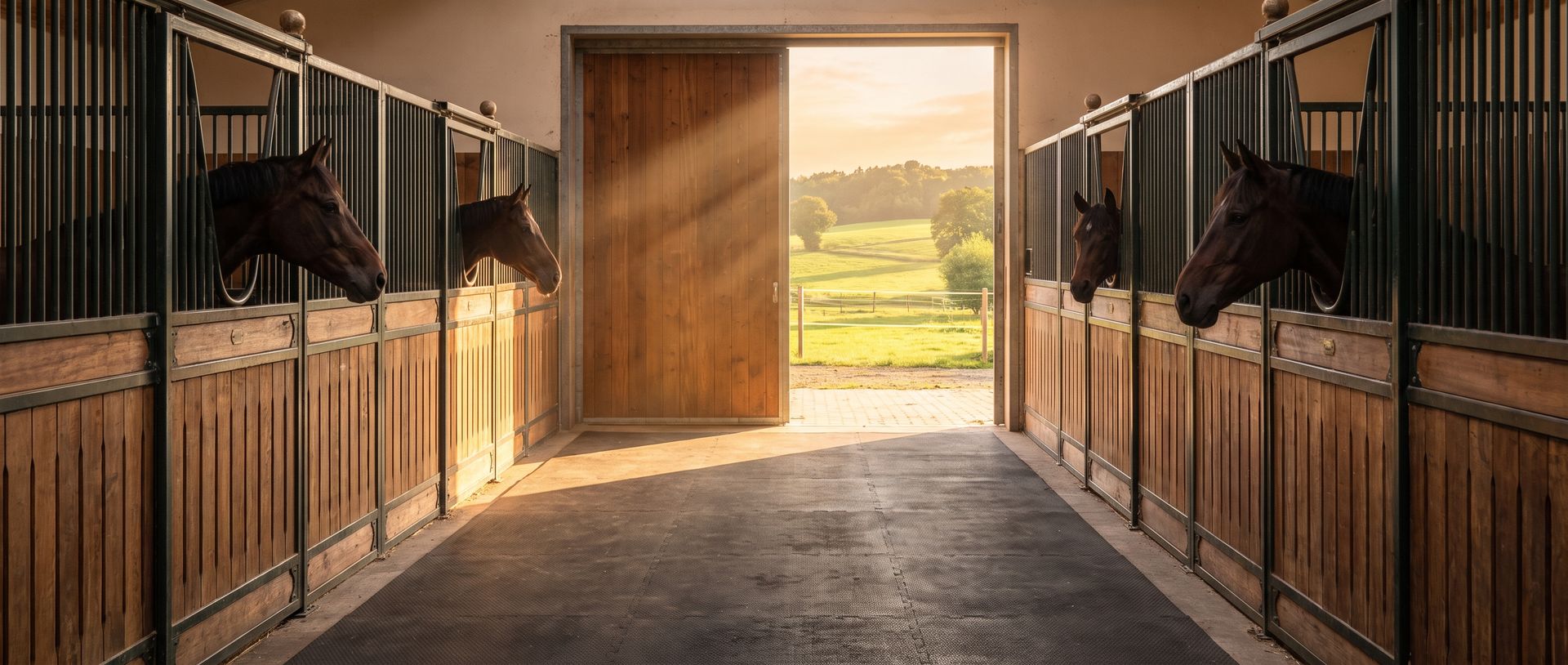 Stallgasse mit Pferden im Abendlicht