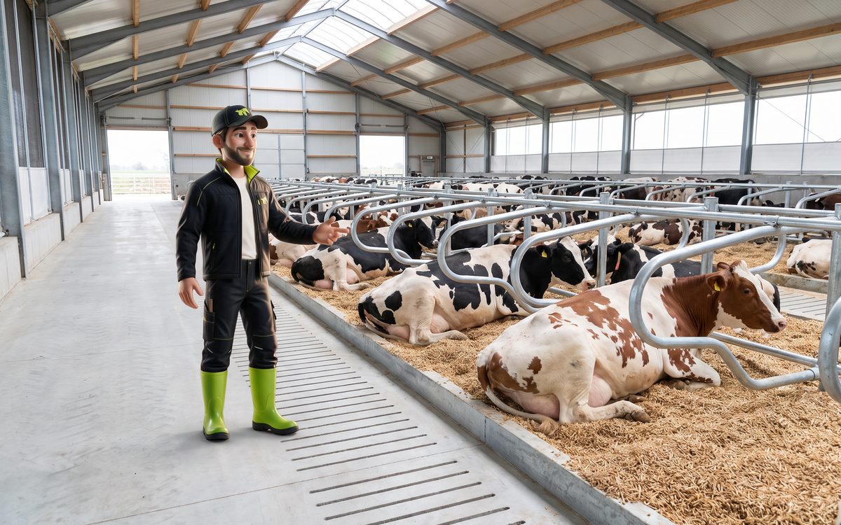 Kühe liegen in Tiefliegeboxen, der Jungbauer zeigt in den Stall